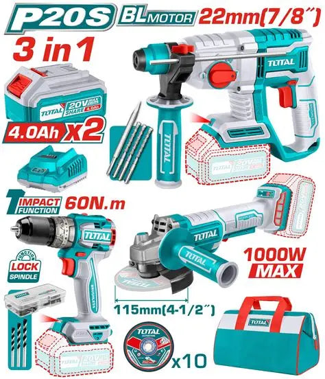 Батериски Сет Комбо 3-во-1 P20S, BL Мотор, 2×4.0Ah Батерии, Хилта 26mm, Ударна Дупчалка 66Nm, Брусилка 115mm TOTAL - TOSLI240202