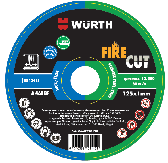 Диск за сечење инокс/челик, FIRECUT 125x1mm - WURTH