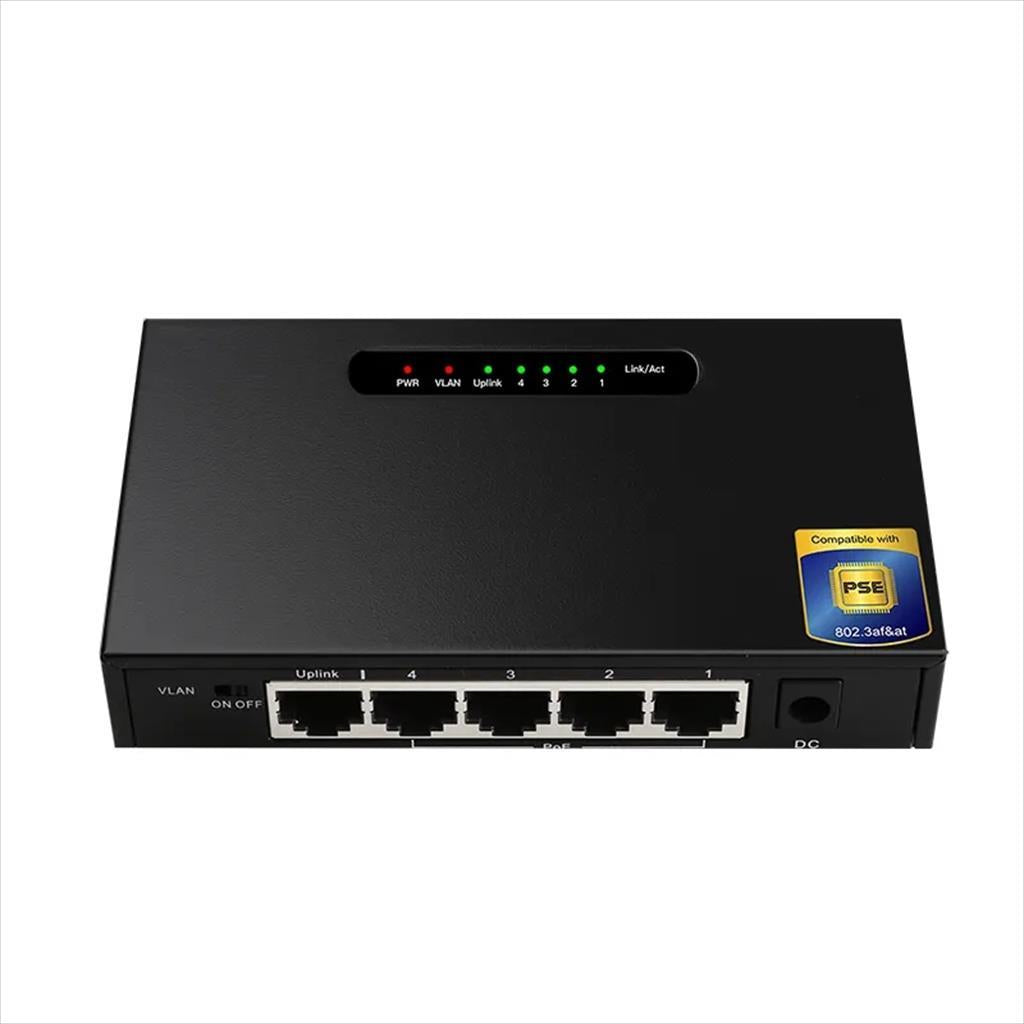 NET Switch DIEWU 5-port 10/100/1000, TXE194 MTK7530+PSE(DH2184), 4x1GPOE + 1xUplink, METAL BLACK