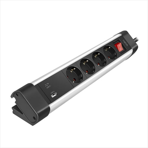 CABLES POWER EXTENSION LOGILINK 1,5m, 4xSHUKO, 1xUSB-A, 1x Type-C(Fast chagre 20W), 3x1,5mm, aluminium, w/ON/OFF switch, desk holder