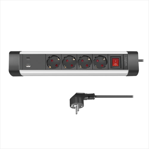 CABLES POWER EXTENSION LOGILINK 1,5m, 4xSHUKO, 1xUSB-A, 1x Type-C(Fast chagre 20W), 3x1,5mm, aluminium, w/ON/OFF switch, desk holder