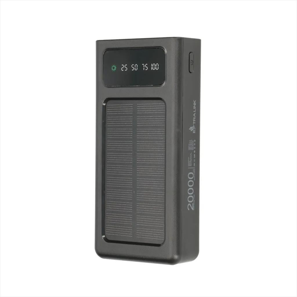 POWER BANK EXTRALINK EPB-092 20000mAh w/digital display, LED torch, Dual input (Micro-USB, USB-C) /output( 2xUSB-A), IPX4, w/solar panel, x4 cables included (USB-A, microUSB, Type-C, Lightning), Black