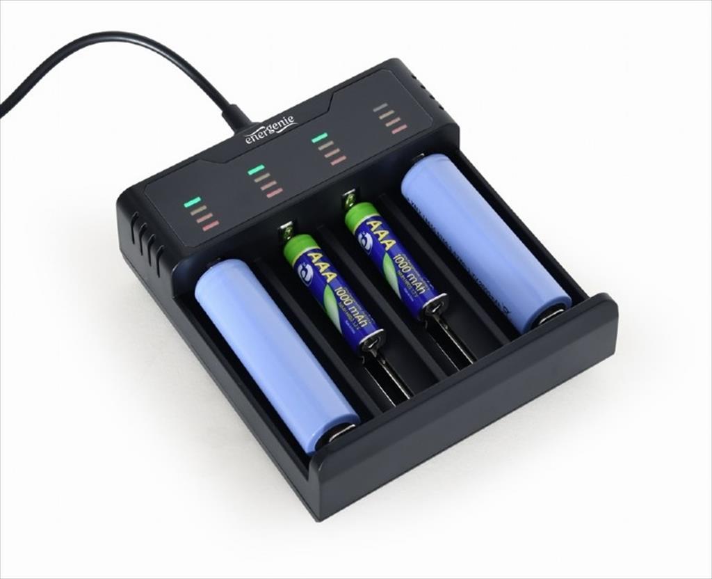 Battery CHARGER FAST ENERGENIE, 4x AA/AAA, BLACK,  Micro-USB + TYPE-C, BC-USB-02