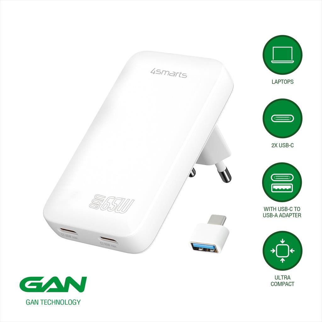 PHONE CHARGER 4SMARTS GaN FlatPlug Slim 2x Type-C 65W w/ USB-C to USB-A adapter, (no cable included), White