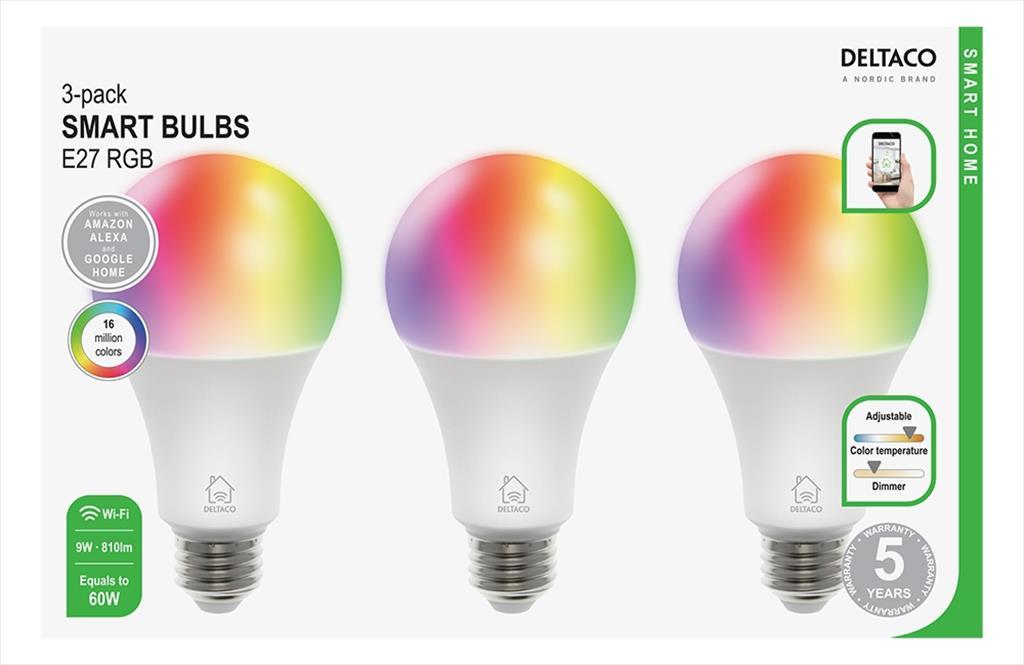 LED BULB SMART DELTACO E27 RGB, 9W, 810lm, DIMMABLE White, 3-pack SH-LE27RGB-3P