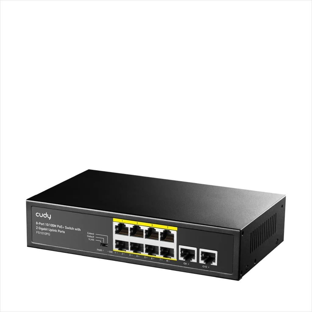 NET Switch CUDY 8-port 10/100M, FS1010PG 8X POE+ 2X GIGABIT UPLINK 120W,  FS1010PG STEEL CASE, BLACK,