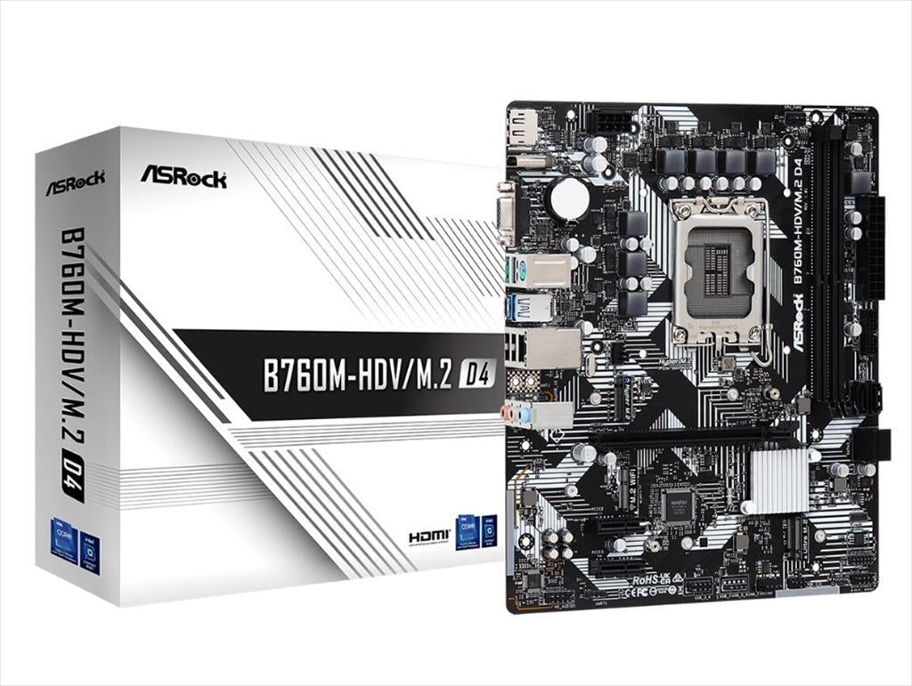 MB 1700 B760M-HDV/M.2 D4   ASROCK, 2xDDR4 5333MHz(OC), 2xM.2, HDMI, DP, VGA, PCIex 4.0 x16, 2xPCIex 3.0 x1, 4xSATAIII, USB3.2Gen1 Type-C, 90-MXBL40-A0UAYZ