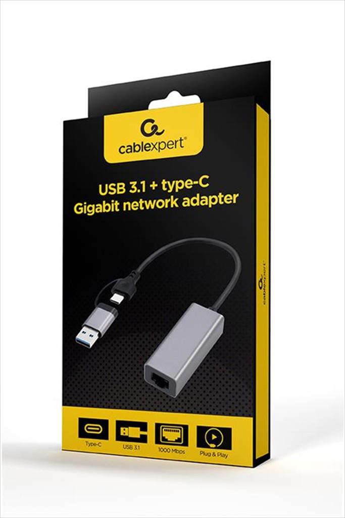 NET LAN USB TYPE-C/USB 3.2 10/100/1000 CABLEXPERT, Grey, A-USB3AC-LAN-01