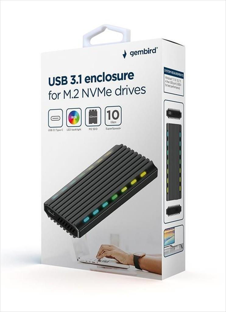 ENCLOSURE SSD USB 3.1 Type-C GEMBIRD for NVMe RGB aluminium, EE2280-U3C-03