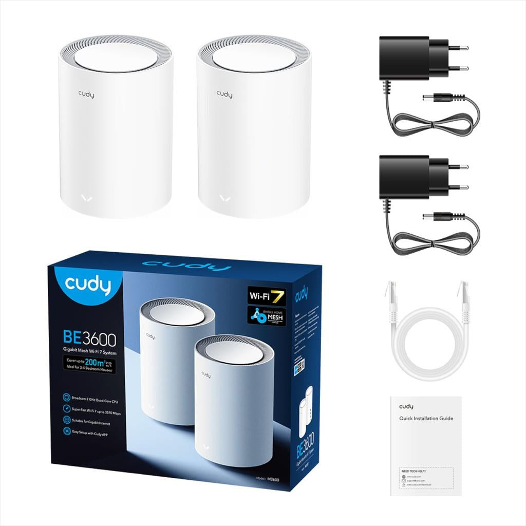 NET ROUTER MESH SYSTEM Wi-Fi 7 CUDY M3600, 802.11 a/b/g/n/ac/ax/be, WHITE, (2-Pack), CUDY-M3600-2-pack