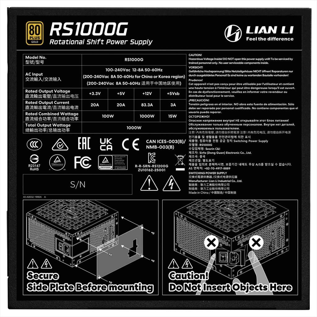 PSU 1000W LIAN LI GOLD RS1000G 80+ GOLD ATX 3.1, 90 deg. AC INLET, FULL MODULAR BLACK, RS1000G.B000