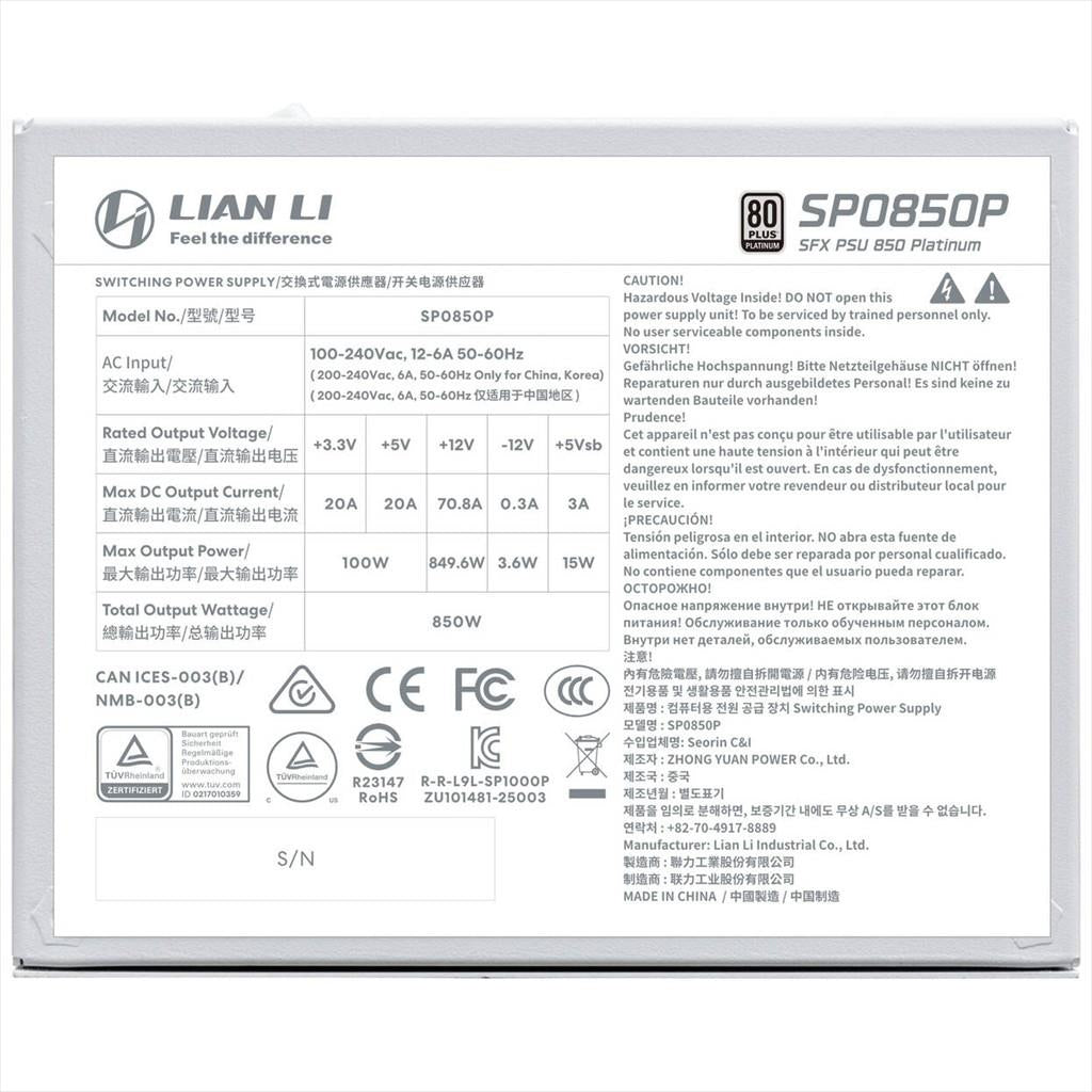 PSU 850W LIAN LI SFX SP850P 80+ PLATINUM, FULL MODULAR, WHITE, SP0850P