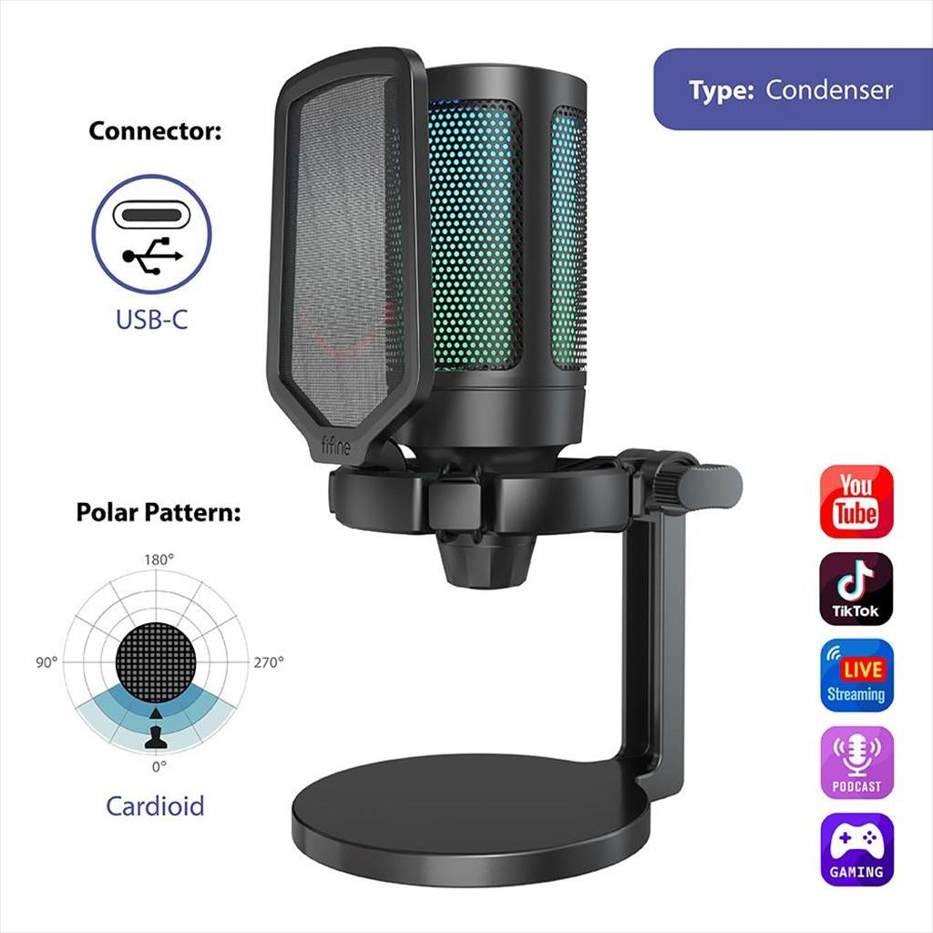 MICROPHONE FIFINE A6NEO RGB, USB Type-C, 2.0m cable, Black, A6NEO