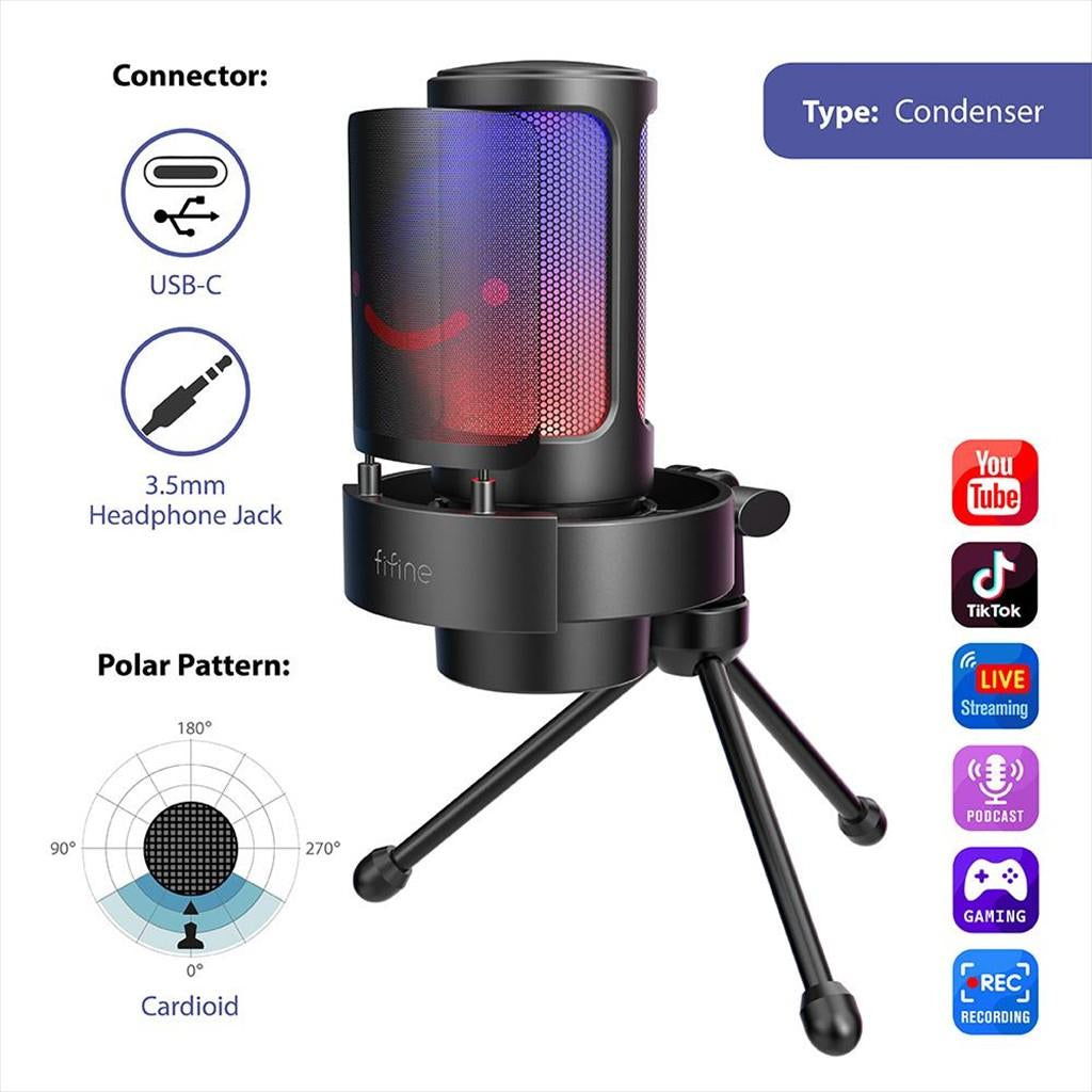 MICROPHONE FIFINE A8V RGB, w/STAND, USB Type-C, 2.0m cable, Black, A8V