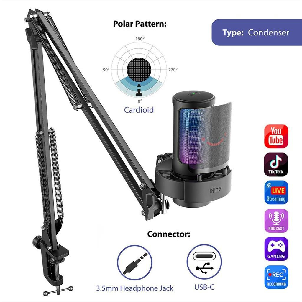 MICROPHONE FIFINE A8T RGB, w/ARM, USB Type-C, 2.0m cable, Black, A8T