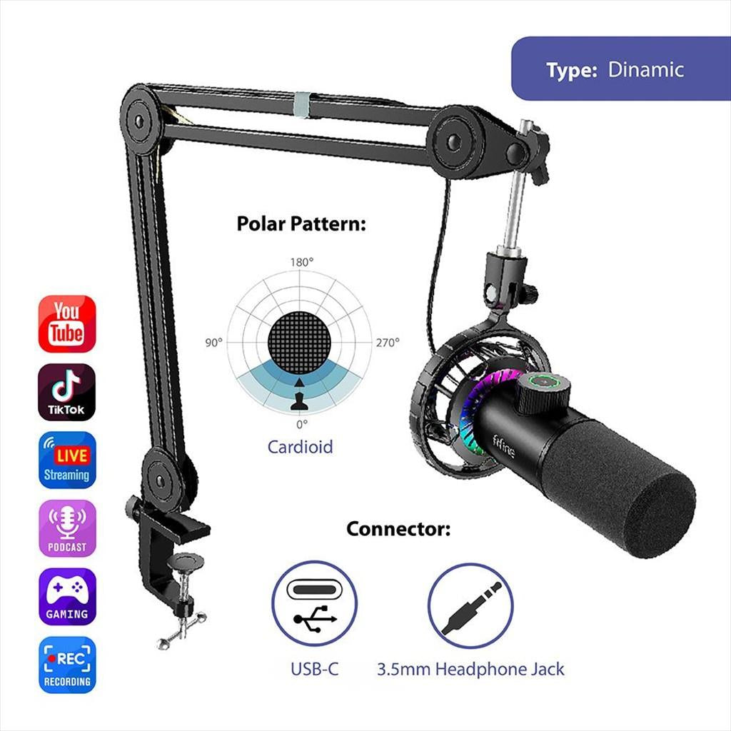 MICROPHONE FIFINE T658 Dynamic RGB, w/ARM, USB Type-C, 2.0m cable, Black, T658