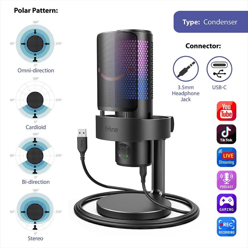 MICROPHONE FIFINE A9 RGB Polar Patterns, w/ARM, USB Type-C, 2.0m cable, Black, A9